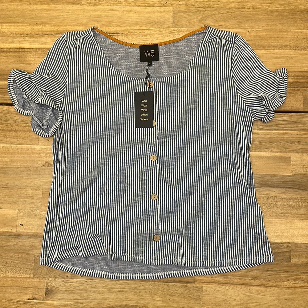 W5 Navy and White Striped Short Sleeve Button Front Top